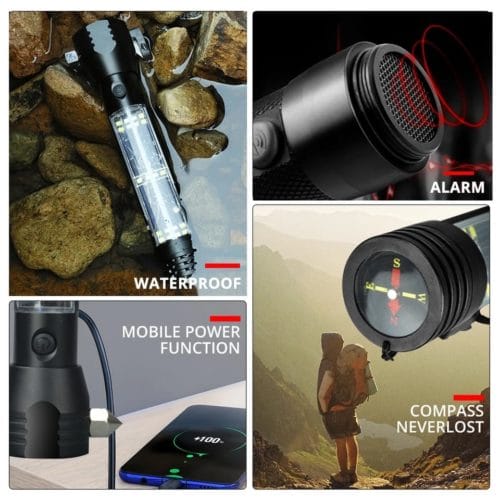 9-in-1 Multi-Function LED Solar/Electricity Rechargeable Flashlight--With Alarm Sound
