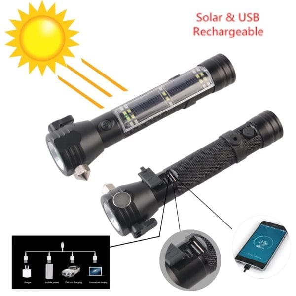 9-in-1 Multi-Function LED Solar/Electricity Rechargeable Flashlight--With Alarm Sound