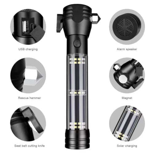 9-in-1 Multi-Function LED Solar/Electricity Rechargeable Flashlight--With Alarm Sound