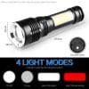 4Modes Rechargeable Zoomable Flashlight with Front+ side Light(T6+COB). Inbuilt Battery