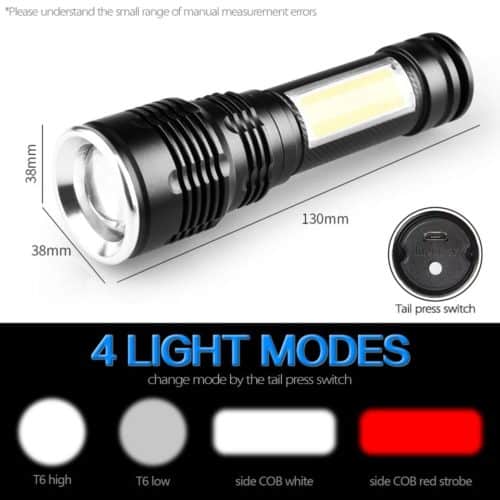 4Modes Rechargeable Zoomable Flashlight with Front+ side Light(T6+COB). Inbuilt Battery