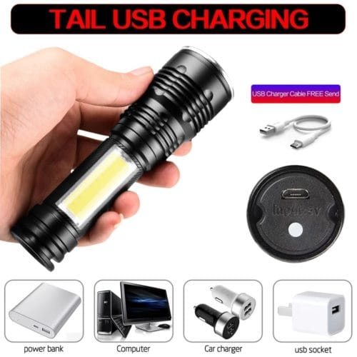4Modes Rechargeable Zoomable Flashlight with Front+ side Light(T6+COB). Inbuilt Battery