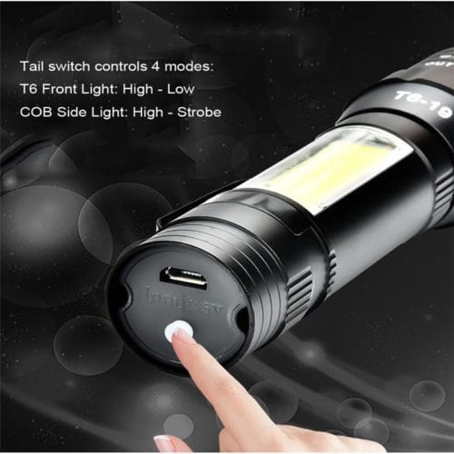 4Modes Rechargeable Zoomable Flashlight with Front+ side Light(T6+COB). Inbuilt Battery