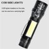 4Modes Rechargeable Zoomable Flashlight with Front+ side Light(T6+COB). Inbuilt Battery