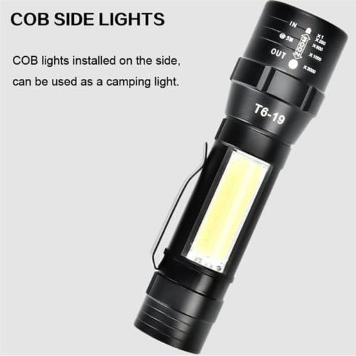 4Modes Rechargeable Zoomable Flashlight with Front+ side Light(T6+COB). Inbuilt Battery