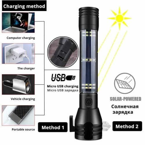9-in-1 Multi-Function LED Solar/Electricity Rechargeable Flashlight--With Alarm Sound