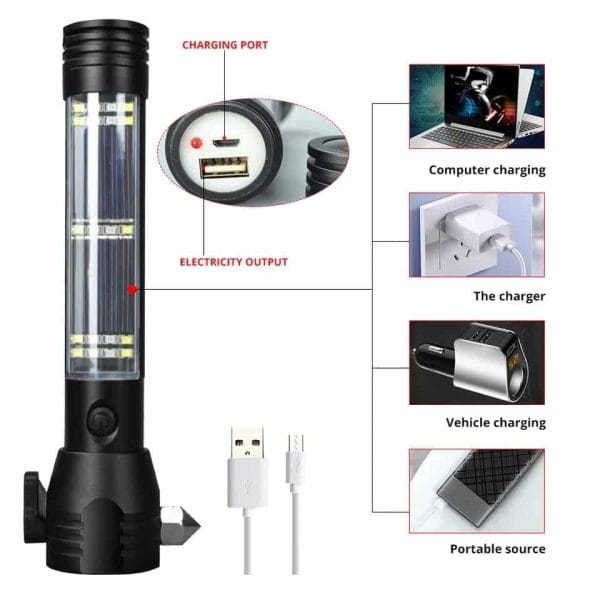 9-in-1 Multi-Function LED Solar/Electricity Rechargeable Flashlight--With Compass