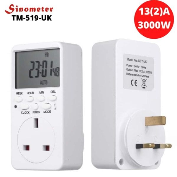 13A Sinometer Programmable Digital Timer Socket Relay Countdown Switch for Aquarium, lights, fridge timer - UK Plug
