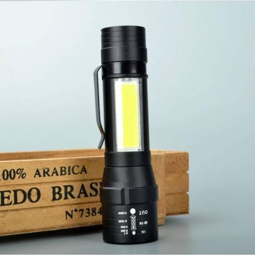 4Modes Rechargeable Zoomable Flashlight with Front+ side Light(T6+COB). Inbuilt Battery